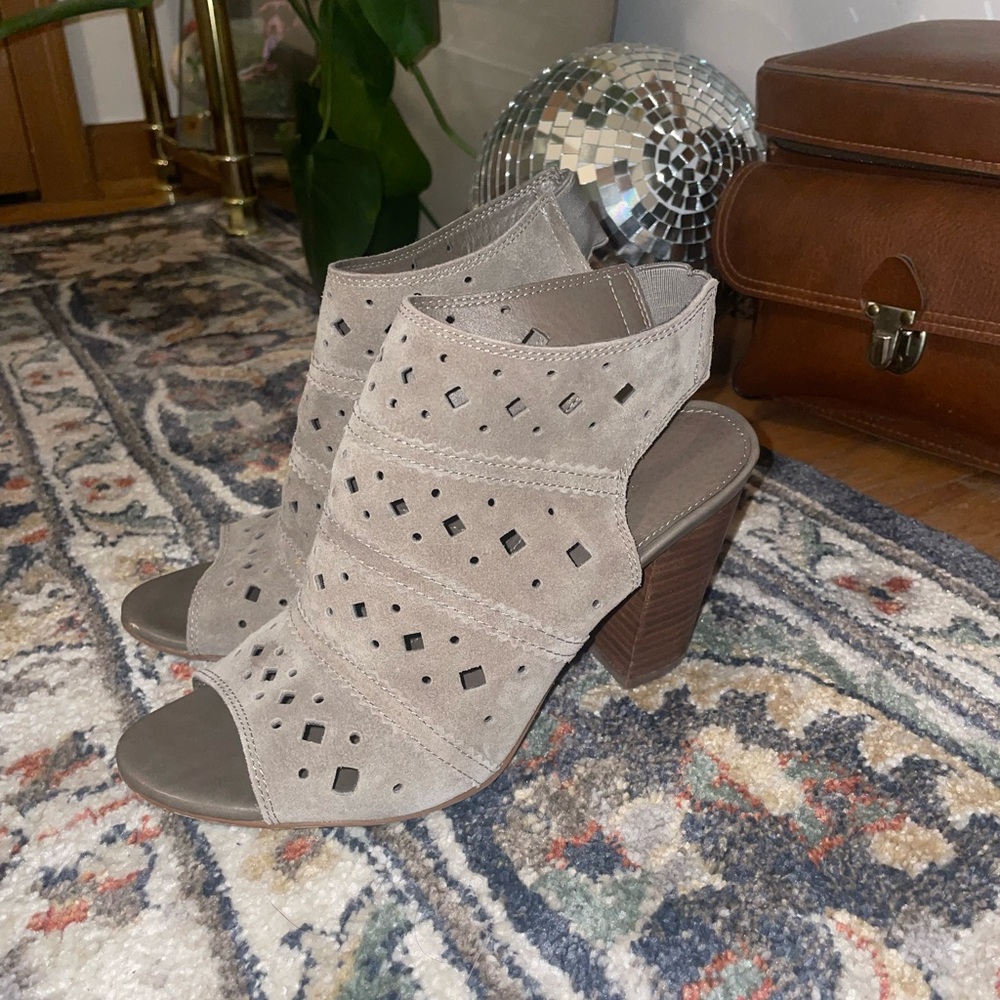 Gray Suede Block Heels Taupe